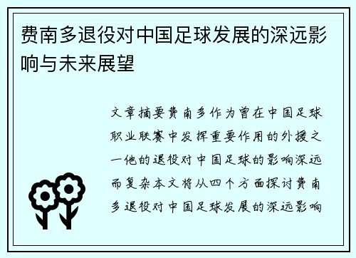 费南多退役对中国足球发展的深远影响与未来展望